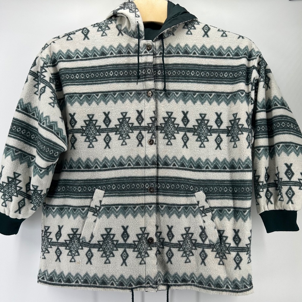 Unbranded Reversible Hooded Jacket OS Green Grey Southwestern Fleece Windbreaker